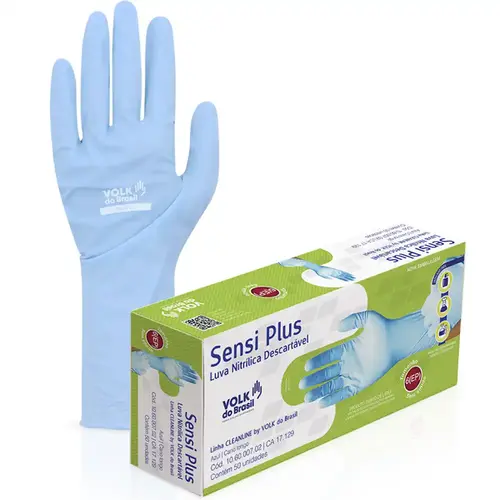 imagem do produto Luva Nitrílica Azul sem Talco Sensi Plus Volk Cano Longo Caixa 50 Unidades  CA 47448