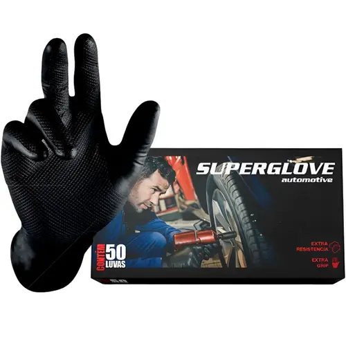 imagem do produto Luva Nitrílica Preta Super Glove Automotivo e Industrial 50 Unidades CA 38645