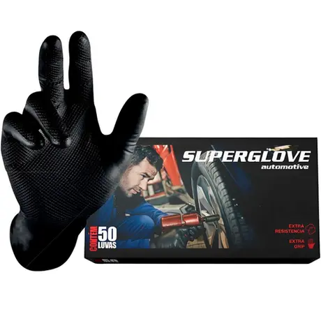 imagem do produto Luva Nitrílica Preta Super Glove Automotivo e Industrial 50 Unidades CA 38645
