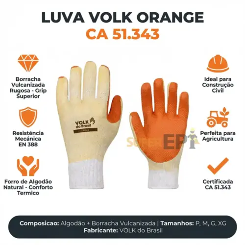 Luva de Segurança Orange Volk CA 21367 Caixa Com 12 Pares