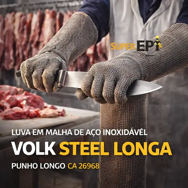imagem do produto Luva em Malha de Aço Inóxidavel 0,55mm Volk Steel Longa com 21cm de Punho CA 26968