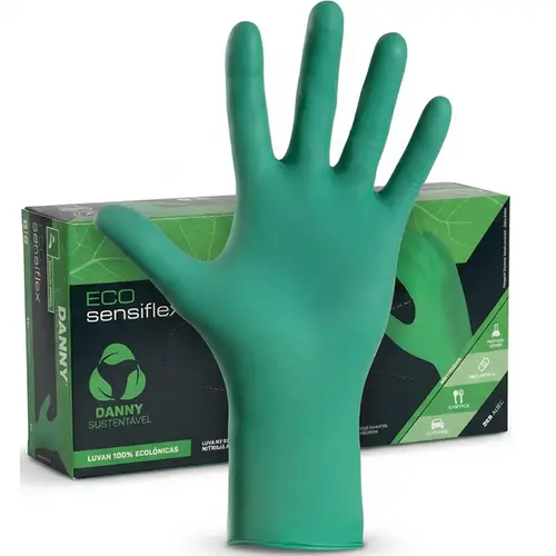 imagem do produto Luva Nitrílica Descartável Biodegradável Verde Sem Talco Eco Sensiflex Danny 50 Unidades DA-90114 CA 45796