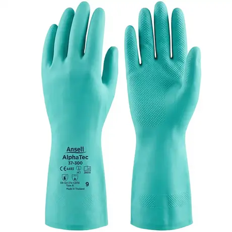 imagem do produto Luva de Segurança Nitrílica Verde Ansell Alphatec 37-300 Sem Forro e Com Proteção Química CA 44299
