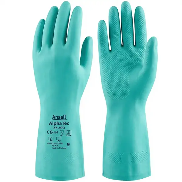 imagem do produto Luva de Segurança Nitrílica Verde Ansell Alphatec 37-300 Sem Forro e Com Proteção Química CA 44299