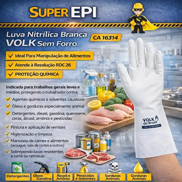 imagem do produto Luva Nitrílica Branca Volk Sem Forro Ideal Para Manipulação de Alimentos Atende á Resolução RDC 26 CA 16314 imagem do produto Luva Nitrílica Branca Volk Sem Forro Ideal Para Manipulação de Alimentos Atende á Resolução RDC 26 CA 16314
