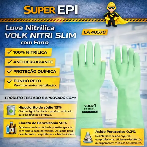 imagem do produto Luva de Segurança Nitrílica Verde Volk Nitri Slim com Forro e Proteção Química CA 40570