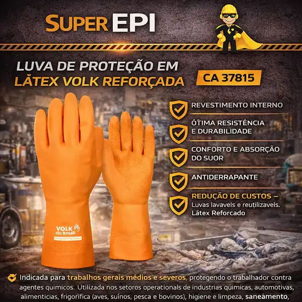 imagem do produto Luva de Proteção em Látex Volk Reforçada SLIM Química e Impermeável CA 37815