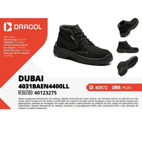 Bota Segurança Couro Nobuck Preto Cadarço Dubai BAE Bico PVC 40872 |…