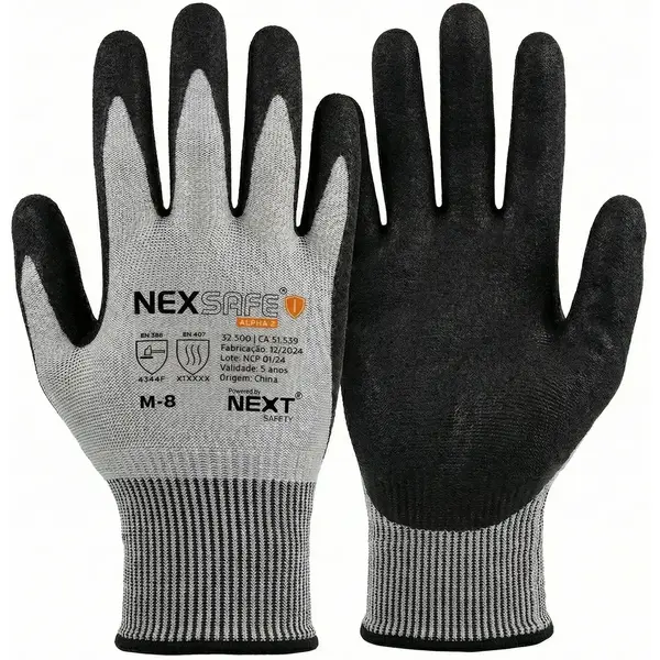 imagem do produto Luva Anticorte Next Safety Modelo 32.500 Nex Alpha 2 Banho Nitrílico na Palma Teste Tdm Nível F, Maior Nota Na Escala CA 51539