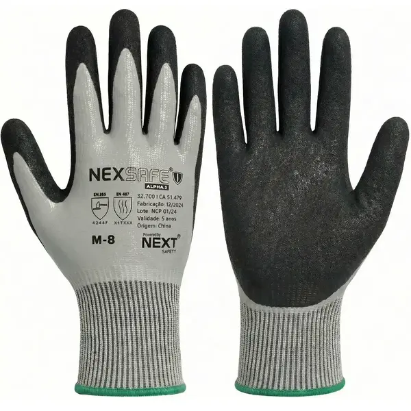imagem do produto Luva Resistente a Corte Next Safety Modelo 32.700 Nexsafe Alpha 3 Banho Nitrílico Total Nível de corte TDM F, Maior escala do Teste CA 51.479