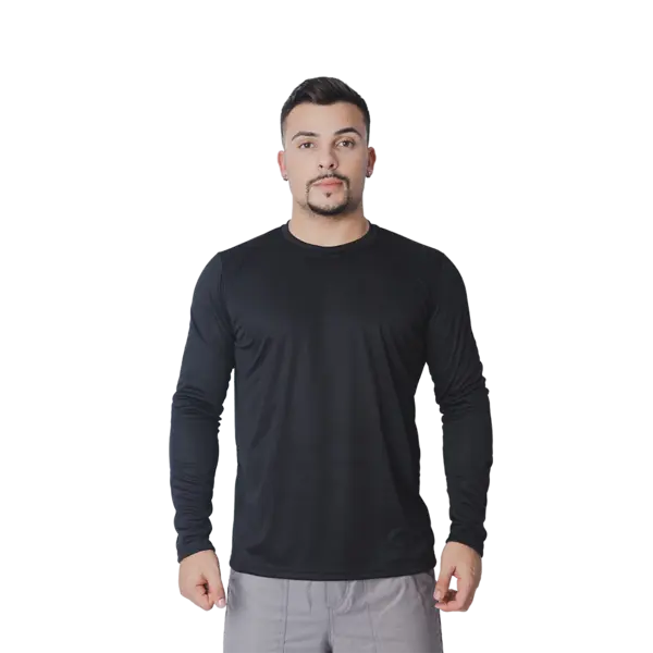 Camiseta de Manga Longa Proteção UV50 + Em Poliéster na Cor Preta Leve E Confortável