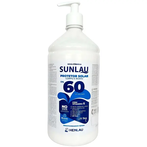 imagem do produto Protetor Solar Sunlau Marca Henlau Fator 60 Sem Repelente Frasco 1 kG/LT imagem do produto Protetor Solar Sunlau Marca Henlau Fator 60 Sem Repelente Frasco 1 kG/LT