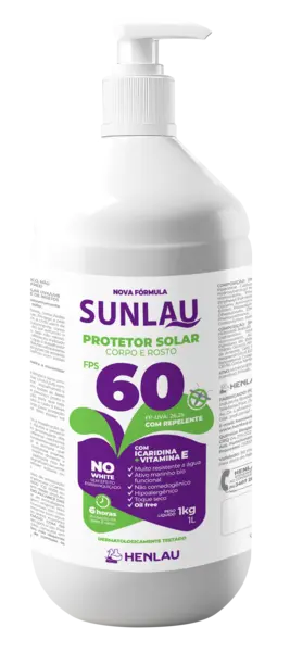 imagem do produto Protetor Solar Sunlau Marca Henlau Fator 60 Com Repelente Icaridina Frasco 1 kG/LT imagem do produto Protetor Solar Sunlau Marca Henlau Fator 60 Com Repelente Icaridina Frasco 1 kG/LT