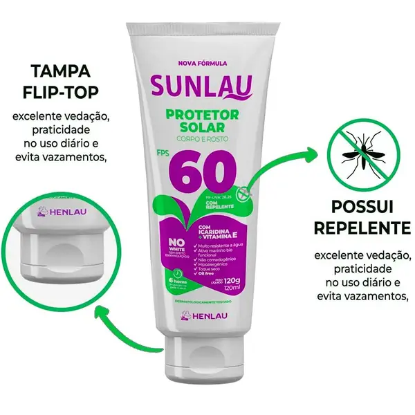 Protetor Solar Henlau FPS 60 c/ Icaridina 120g | Sunlau