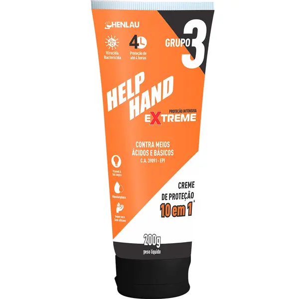 imagem do produto Creme Henlau Help Hand Extreme 200 g – Grupo 3, Ação Virucida, Bactericida e Proteção Química – CA 39091 imagem do produto Creme Henlau Help Hand Extreme 200 g – Grupo 3, Ação Virucida, Bactericida e Proteção Química – CA 39091