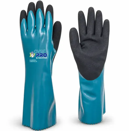 imagem do produto Luva Overpro Chemtech Volk do Brasil Proteção Química Mecânica Térmica Borracha Nitrílica Antiderrapante CA 47.809 EN 388 EN 407 ISO 374-1 Tipo A Cód 10.66.472.43