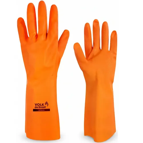imagem do produto Luva Nitrílica Sem Forro Laranja Volk Química Tipo B JKOPT Grip Diamante Clorinada Biológica Hipoalergênica 10.65.010.05 CA 52.069