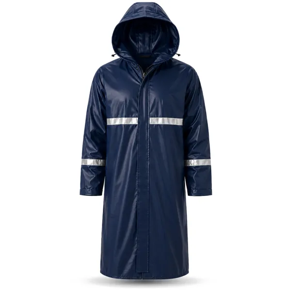 imagem do produto Capa de Chuva Longa PVC Padrão EPI Pioneira 5004 Azul Marinho Faixa Refletiva 3cm Capuz Fixo Zíper Velcro e Pala de Ventilação Nas Costas CA 53204