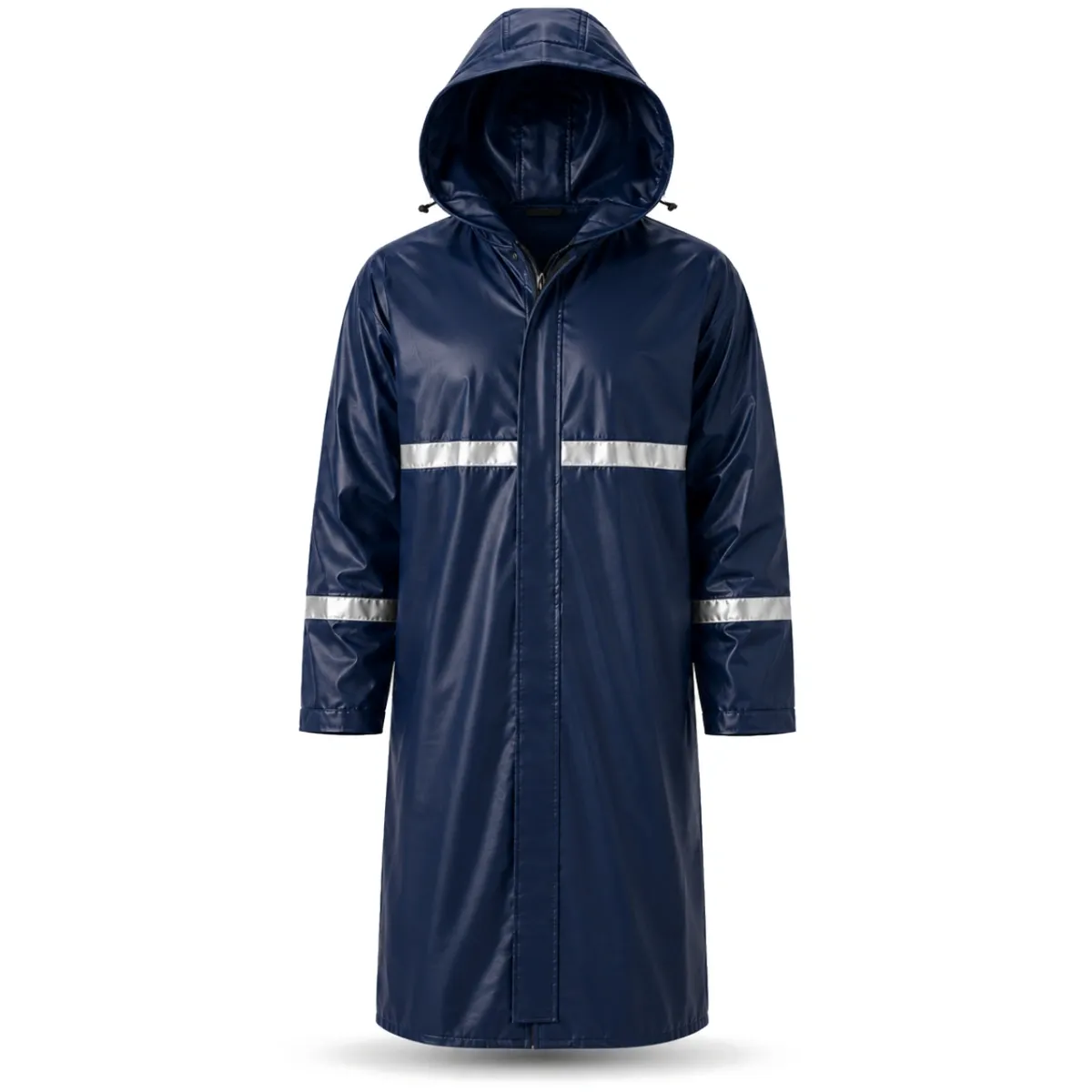 imagem do produto Capa de Chuva Longa PVC Padrão EPI Pioneira 5004 Azul Marinho Faixa Refletiva 3cm Capuz Fixo Zíper Velcro e Pala de Ventilação Nas Costas CA 53204