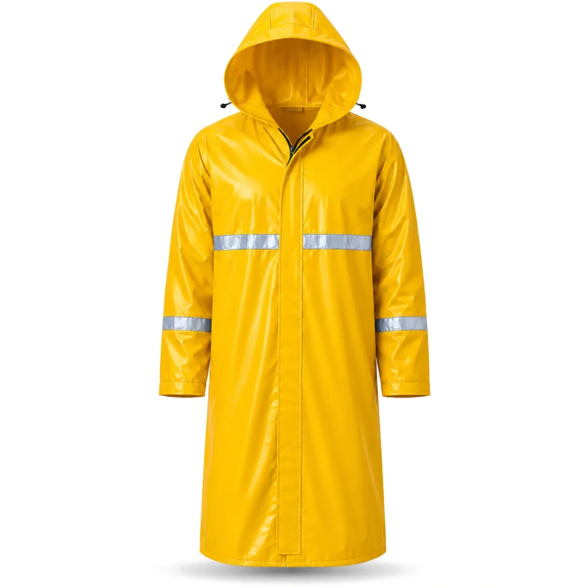 imagem do produto Capa de Chuva Longa PVC Padrão EPI Pioneira 5004 Amarelo Ouro Faixa Refletiva 3cm Capuz Fixo Zíper Velcro e Pala de Ventilação Nas Costas CA 53204